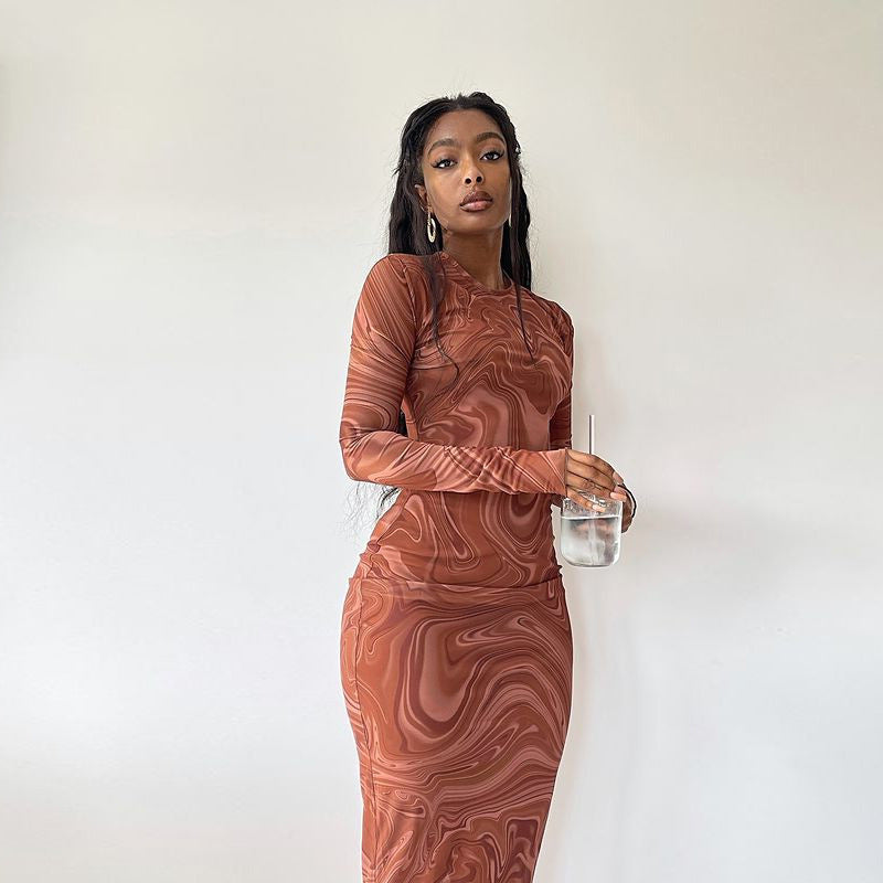 Printed Round-necked Bodycon Dress with Medium Length