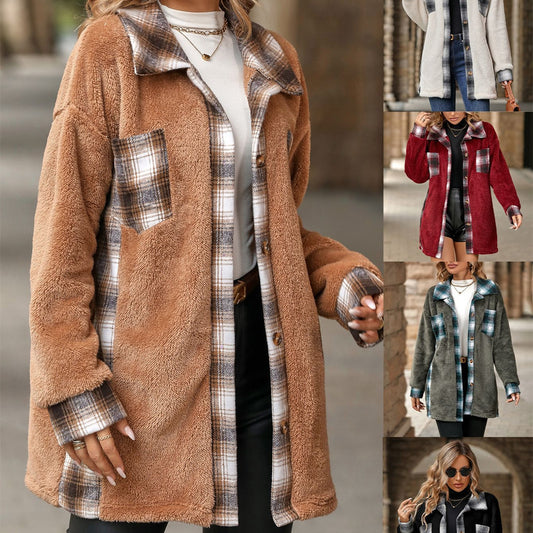 Women's Fashion Single-breasted Lapel Mid-length Plaid Plush Coat