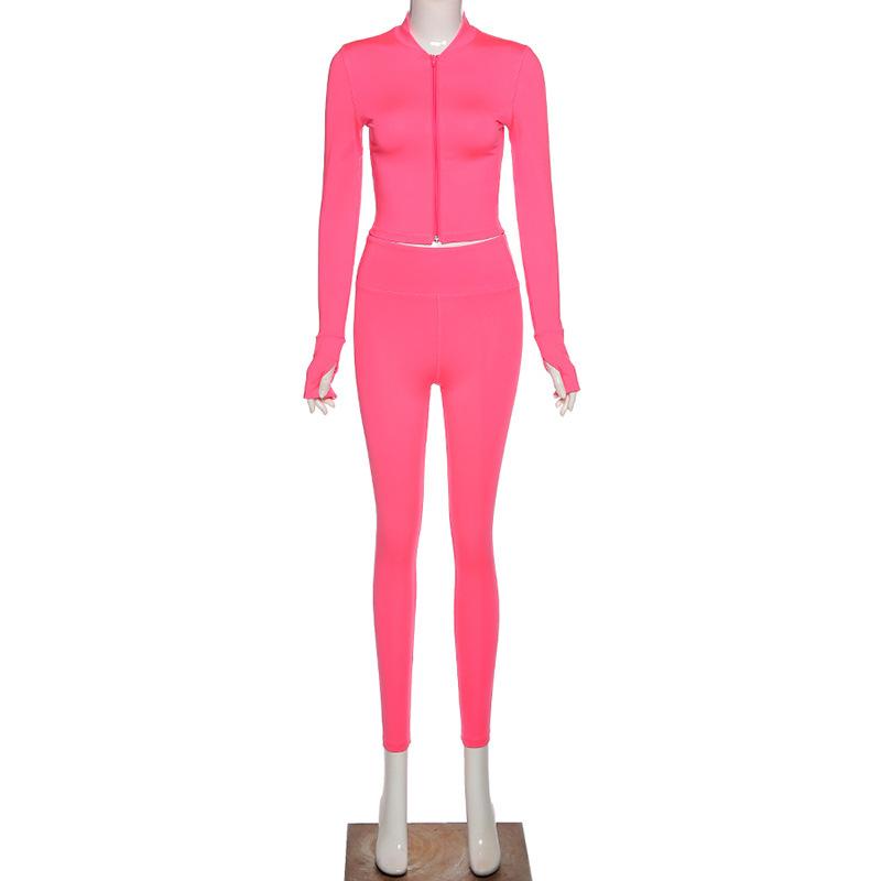 Finger Hole Solid Sporty 2 Piece Set Women Zipper Skinny Crop Top