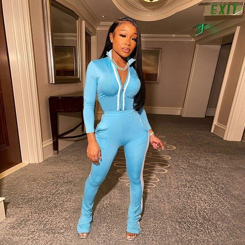 Pink Pant Suits Long Sleeve Stand Collar Two Piece Set