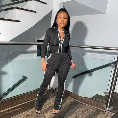 Pink Pant Suits Long Sleeve Stand Collar Two Piece Set