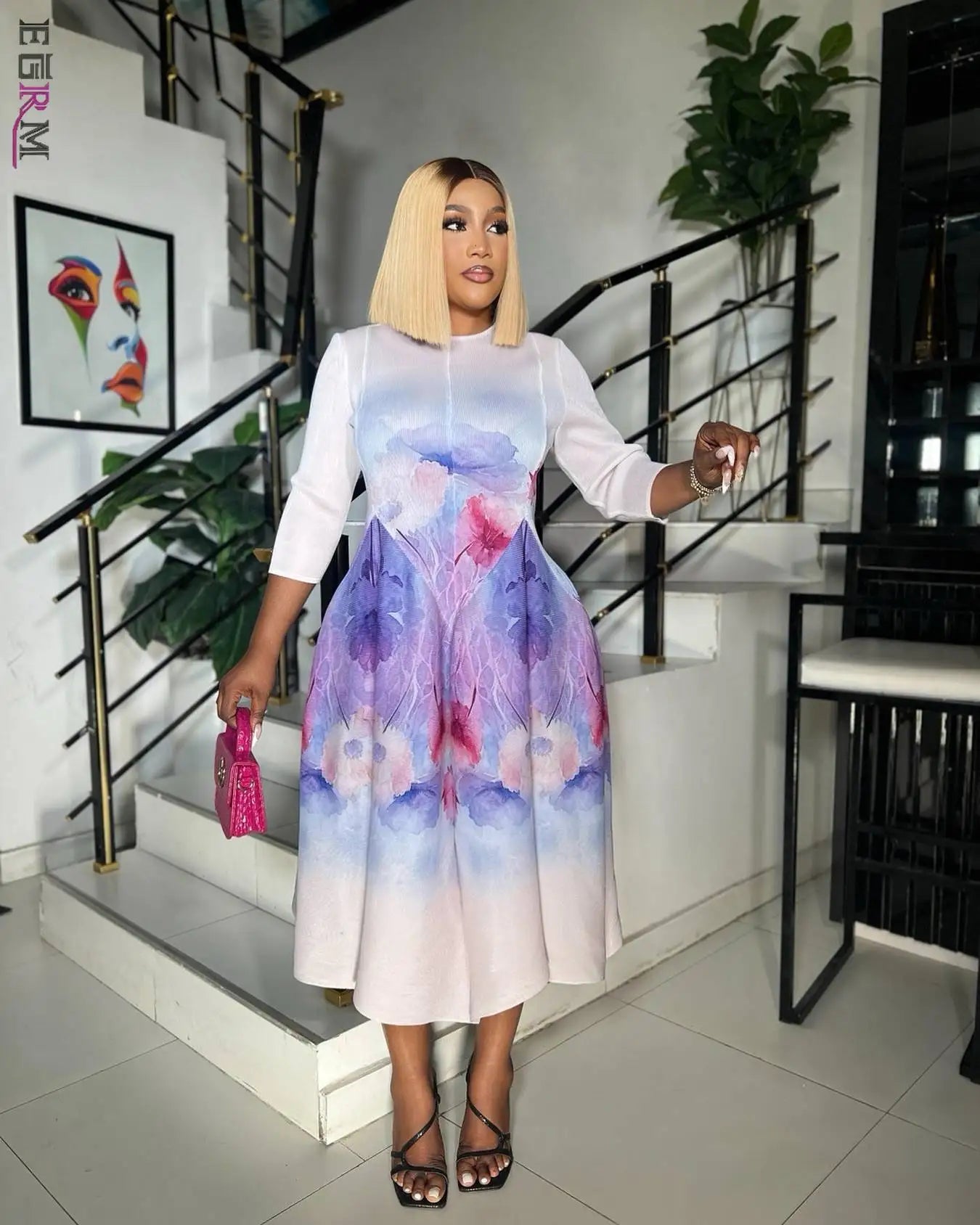 EGRM A-line Mid-Length Dresses Printed High Elasticity Loose Casual O-neck Three Quarter Sleeve Pleated Women's Dress 7R5902