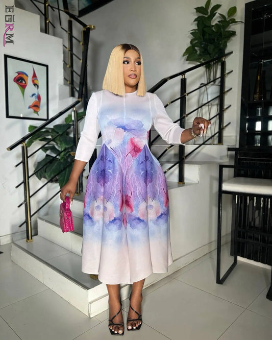 EGRM A-line Mid-Length Dresses Printed High Elasticity Loose Casual O-neck Three Quarter Sleeve Pleated Women's Dress 7R5902