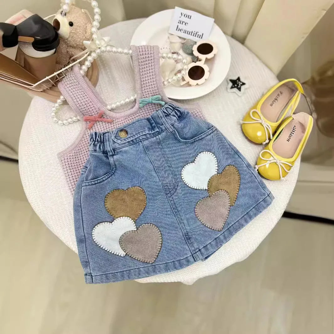 Girls Clothing Sets Knitted Bow Vest with A Love Heart Denim Dress