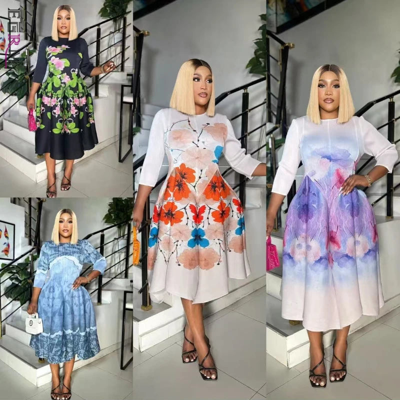 EGRM A-line Mid-Length Dresses Printed High Elasticity Loose Casual O-neck Three Quarter Sleeve Pleated Women's Dress 7R5902