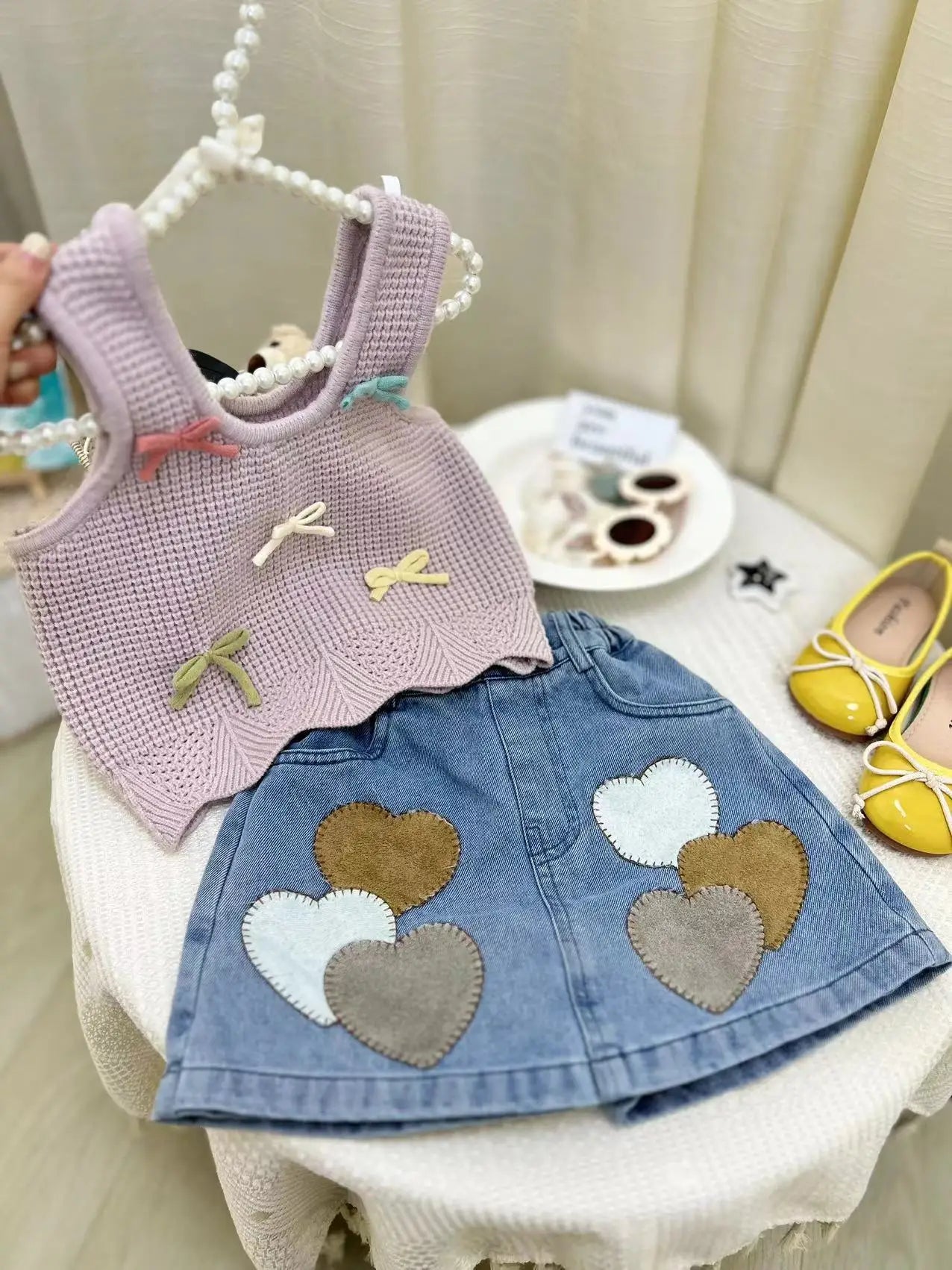Girls Clothing Sets Knitted Bow Vest with A Love Heart Denim Dress