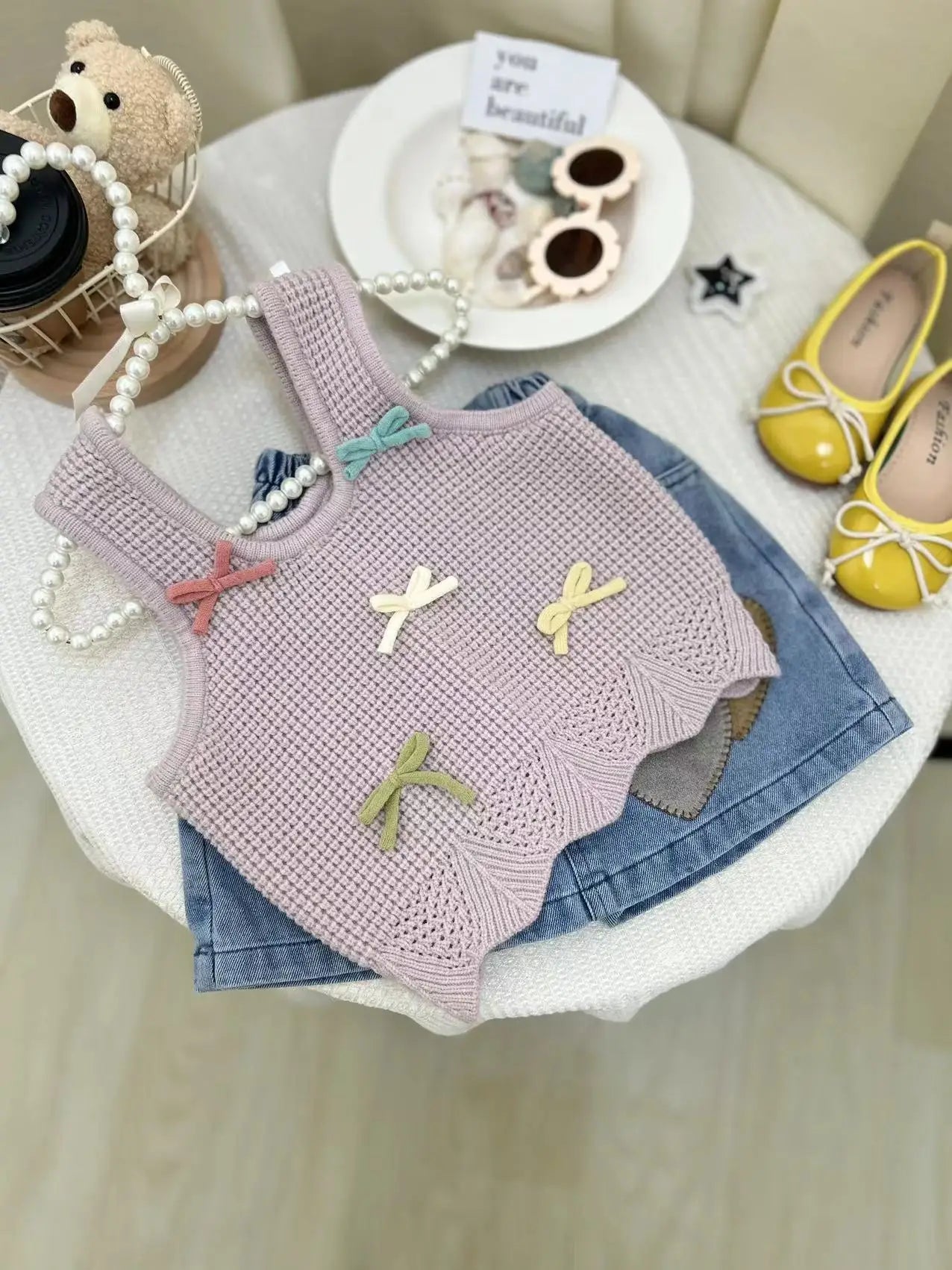 Girls Clothing Sets Knitted Bow Vest with A Love Heart Denim Dress