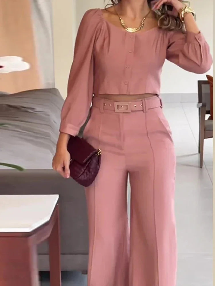 Two Piece Sets Women Elegant Round Neck