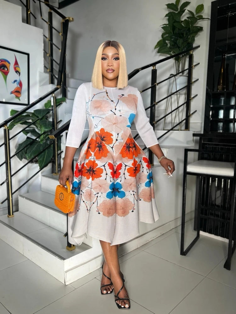 EGRM A-line Mid-Length Dresses Printed High Elasticity Loose Casual O-neck Three Quarter Sleeve Pleated Women's Dress 7R5902