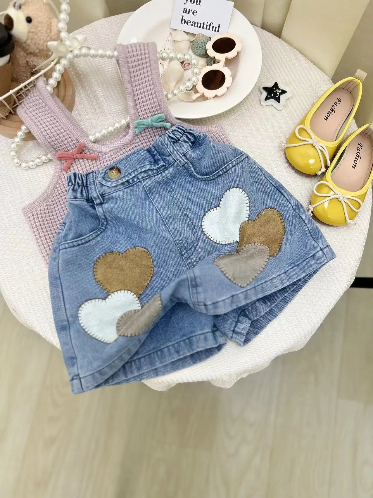 Girls Clothing Sets Knitted Bow Vest with A Love Heart Denim Dress