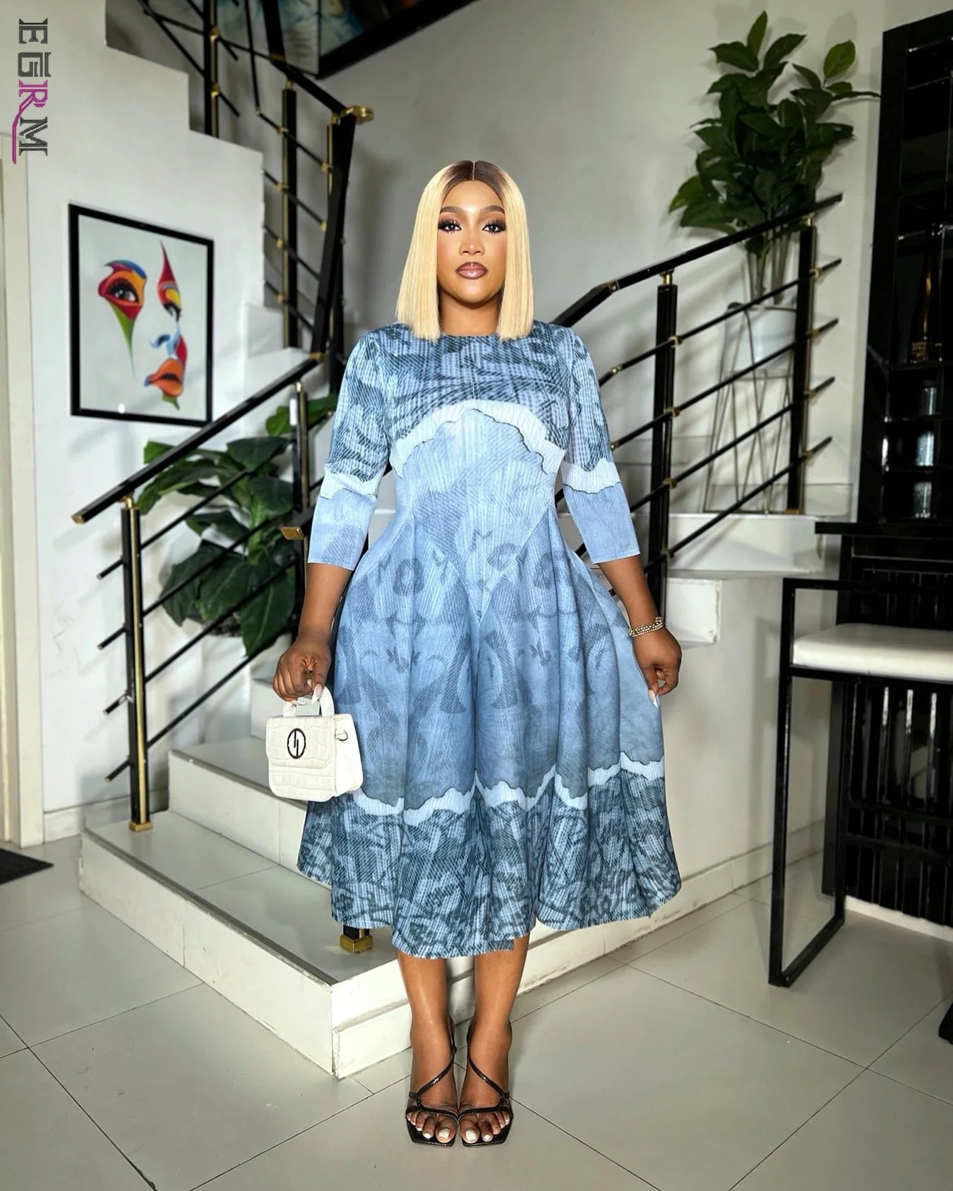 EGRM A-line Mid-Length Dresses Printed High Elasticity Loose Casual O-neck Three Quarter Sleeve Pleated Women's Dress 7R5902
