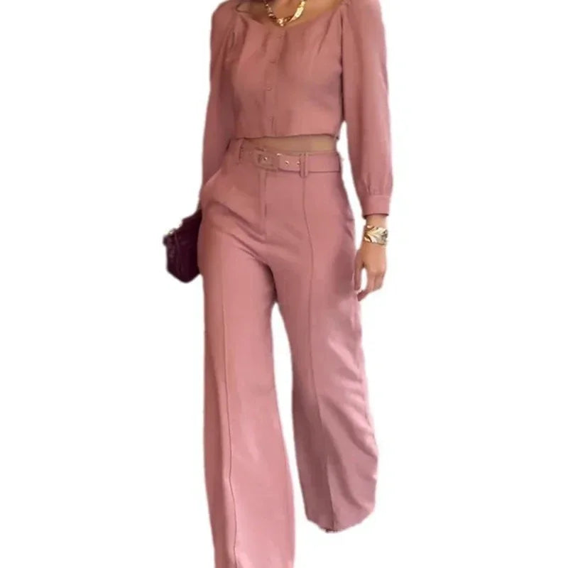 Two Piece Sets Women Elegant Round Neck